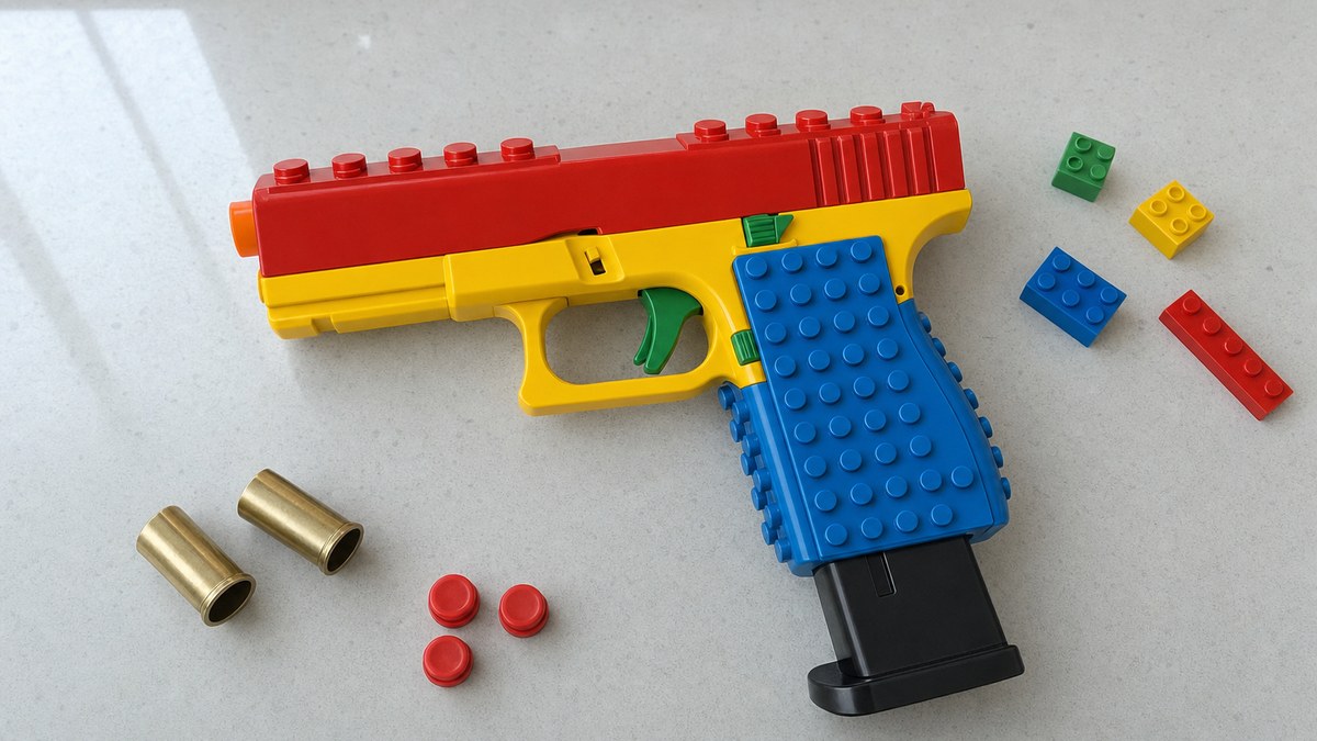 The BlockBlaster brick toy blaster, fully built, with its magazine and two shells.