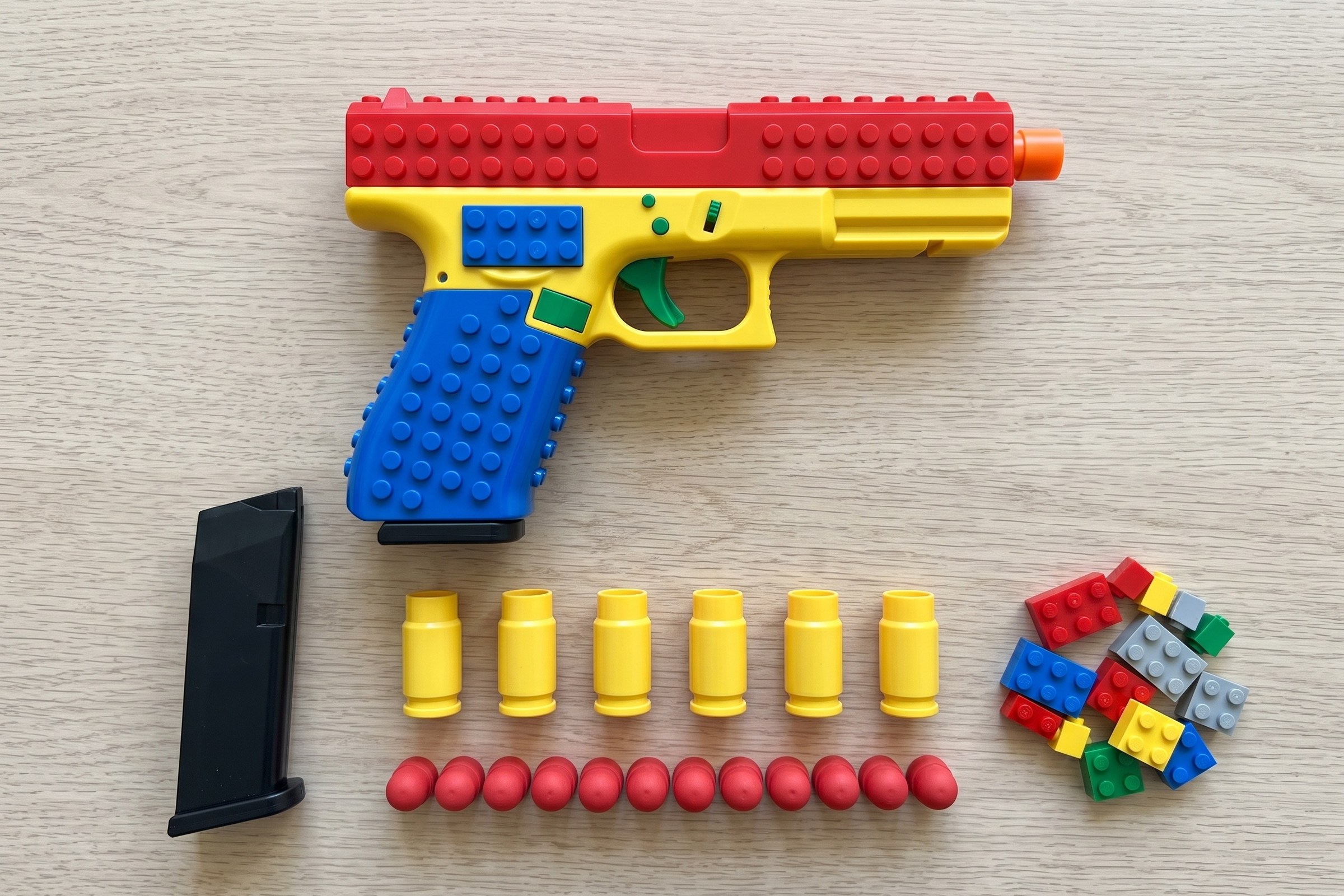 The BlockBlaster laid out with its 6-round magazine, six spring-loaded casings, twelve soft rubber tips and a pile of extra bricks
