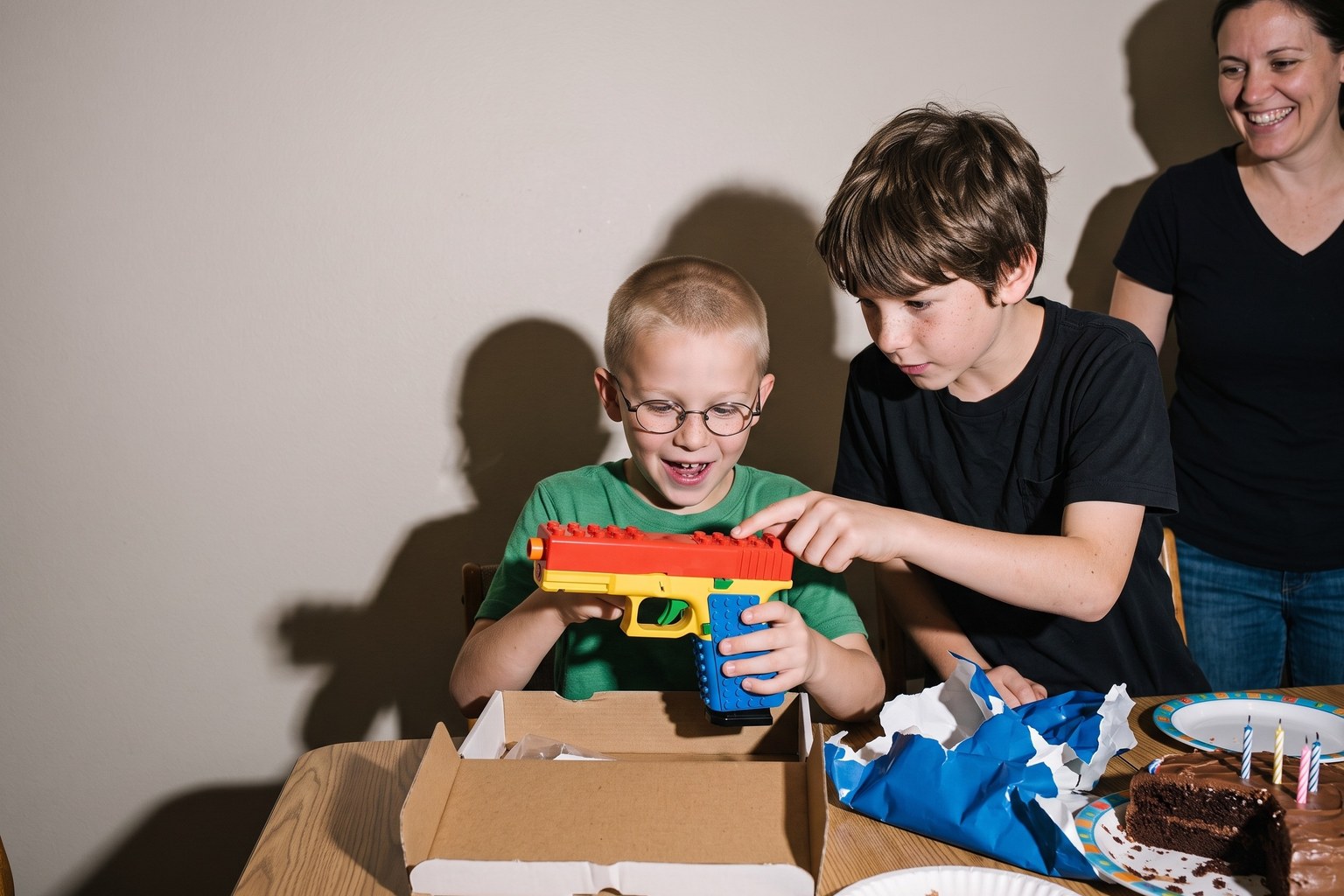 Mason's cousin lifting the BlockBlaster out of its gift box at his birthday table while Mason leans in to look