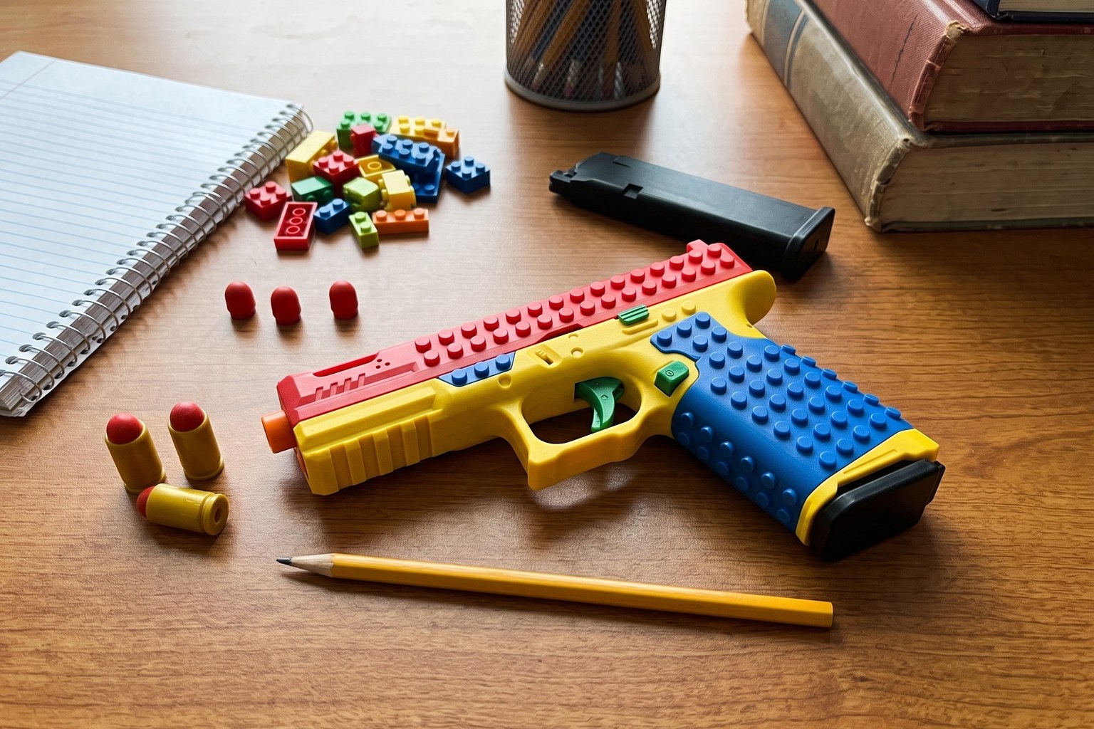 Close-up of the BlockBlaster on a desk, showing its studded brick slide, blue grip and black magazine