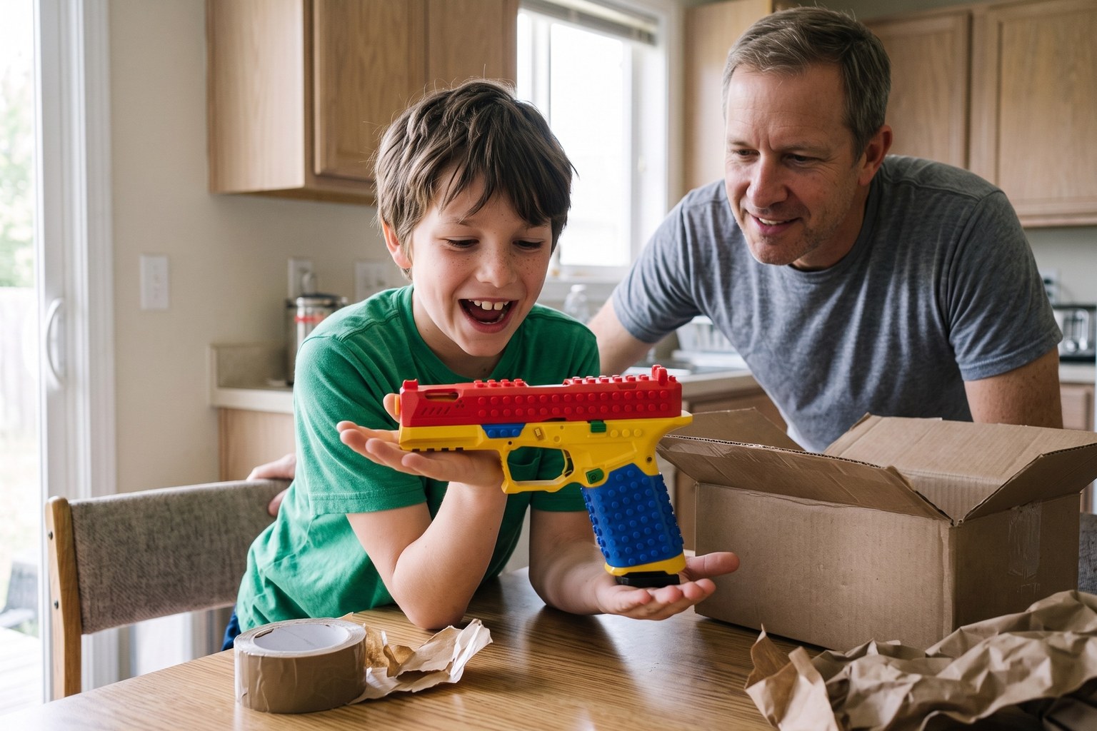 A ten-year-old boy at the kitchen table holding the BlockBlaster flat on his palms straight out of the box, his dad beside him