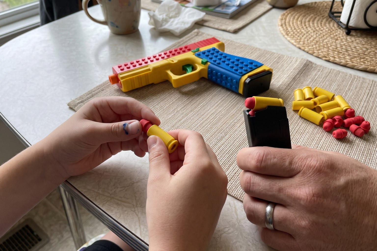 A child's hands pressing a soft rubber tip into a yellow casing while his dad holds the magazine steady