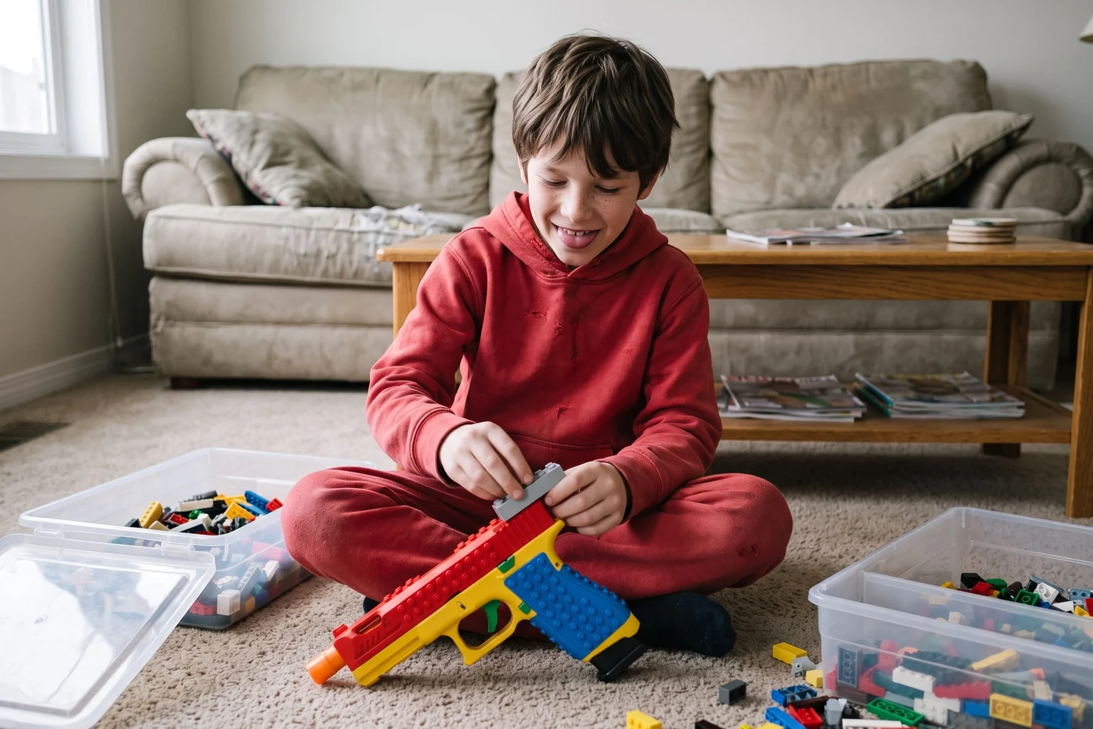 A ten-year-old boy on the living room floor snapping colored bricks onto the BlockBlaster, a bin of bricks beside him