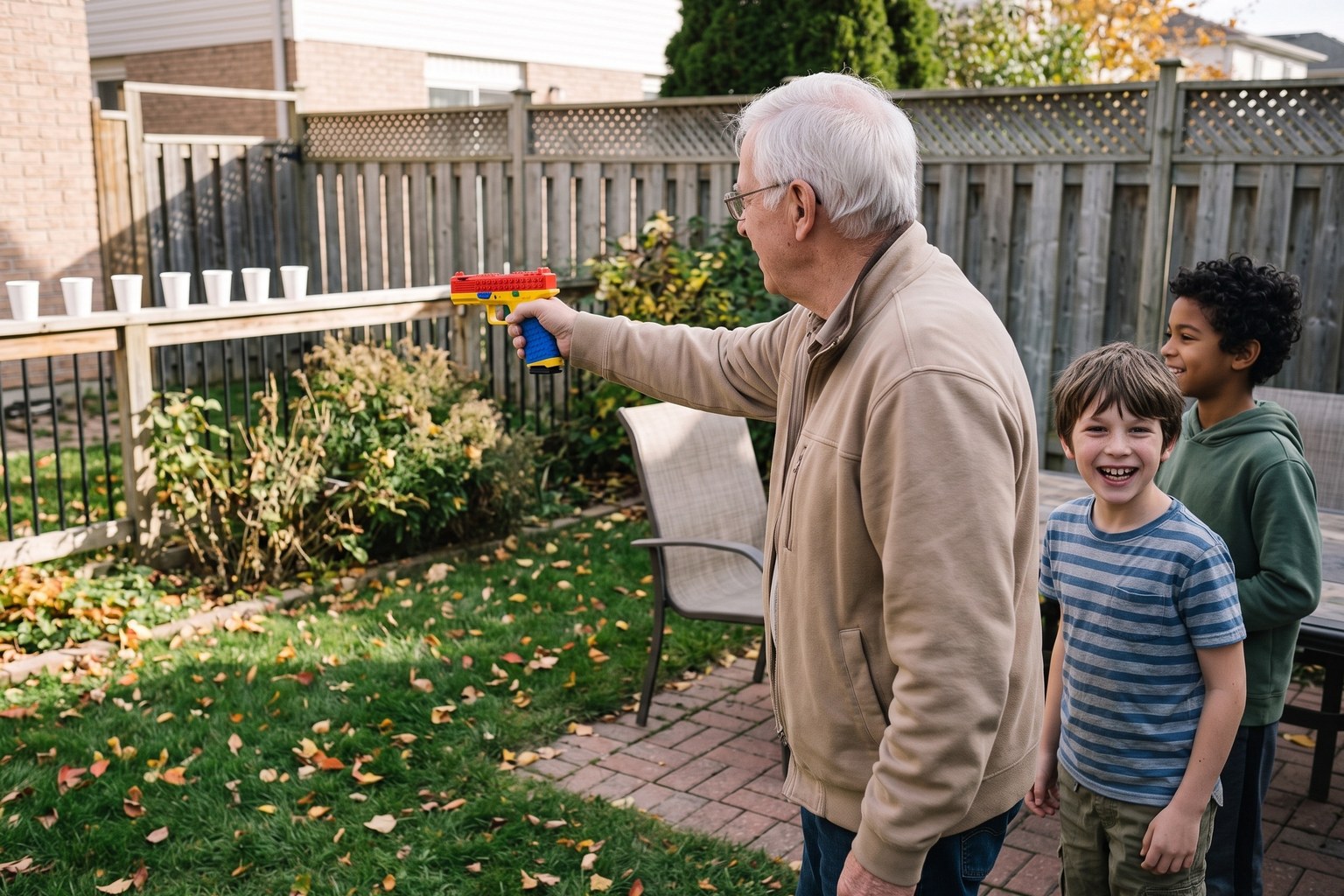 A grandfather in the backyard firing the BlockBlaster at a row of paper cups on a wooden rail while two boys watch