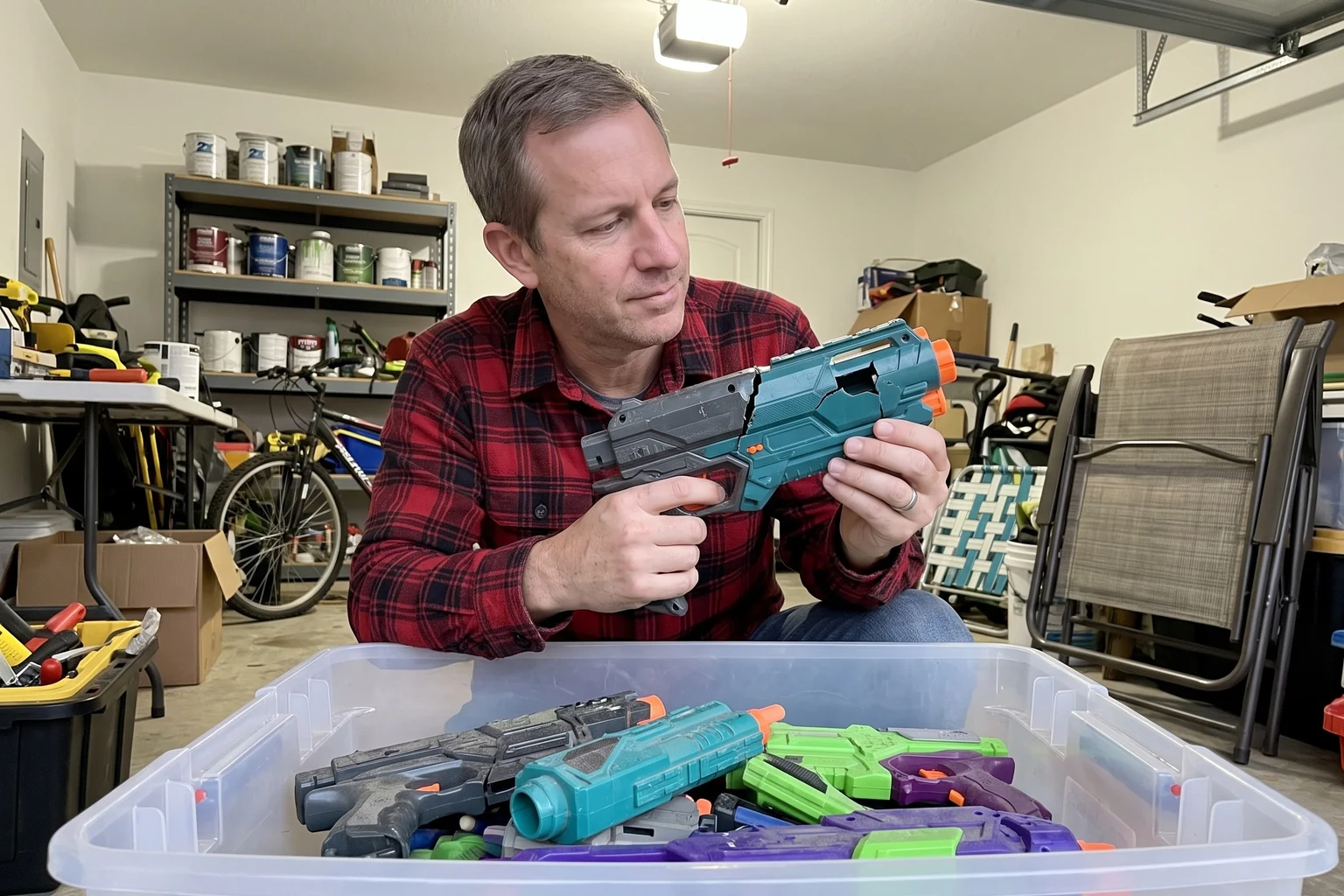 A dad lifting a cracked foam dart blaster out of a plastic bin full of old foam blasters in the garage