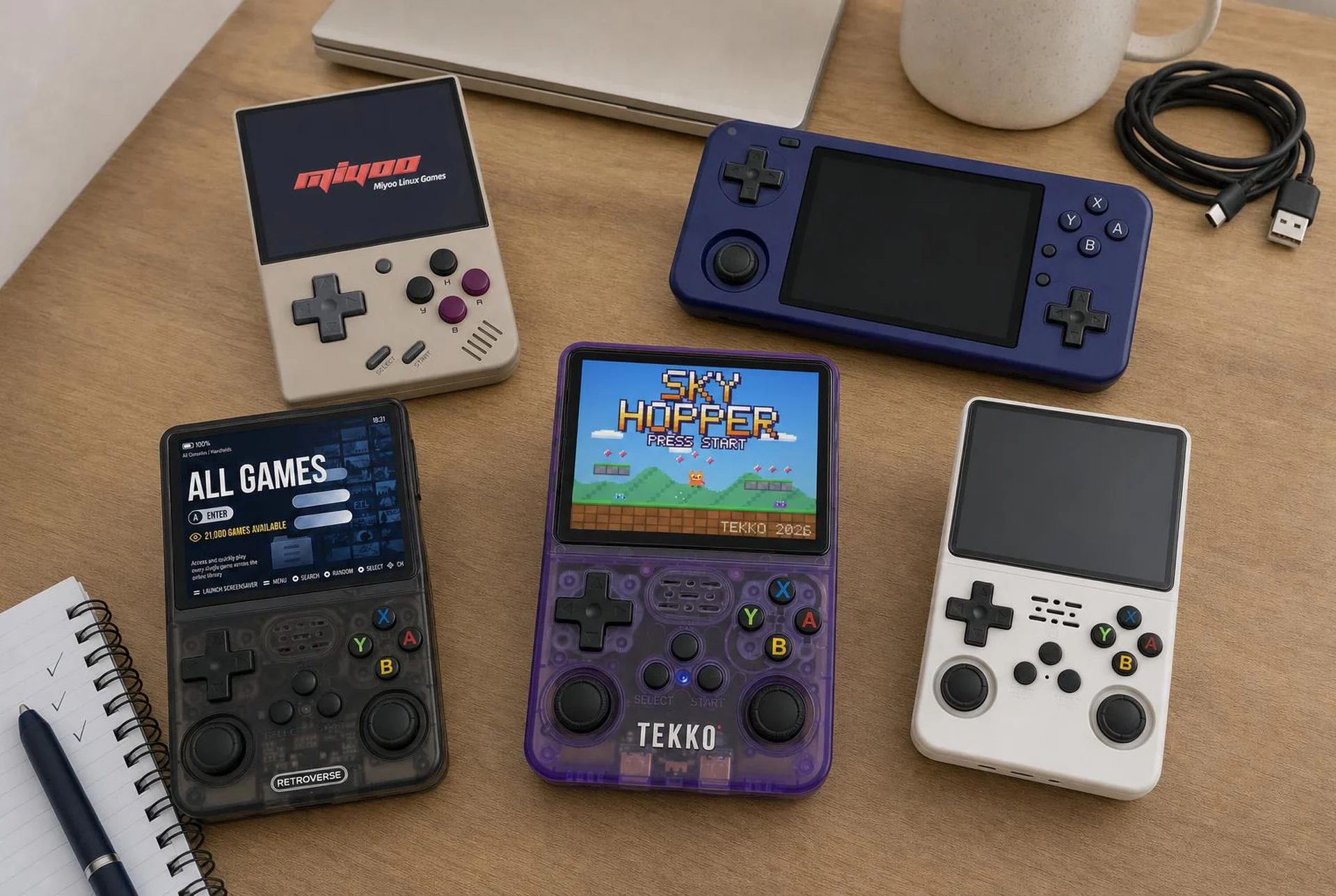 Five retro handheld consoles on a desk, with the purple Tekko One in the middle