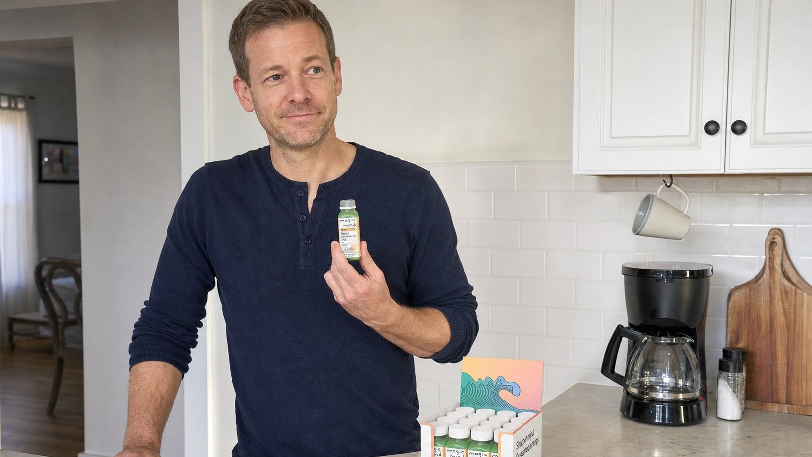 Man in his kitchen holding a Magic Mind Original shot next to the case and a switched-off coffee maker