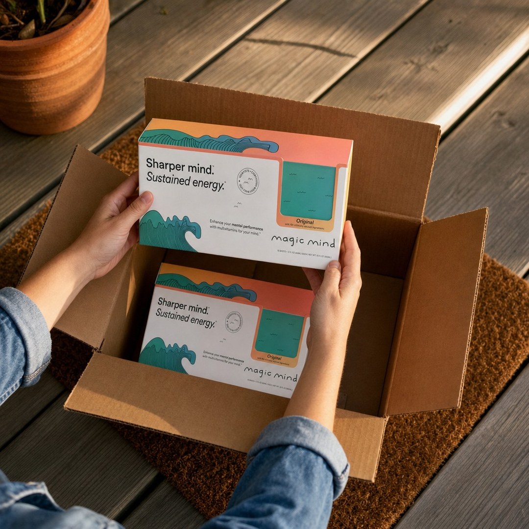 Lifting a Magic Mind Original case out of a delivery box on the porch