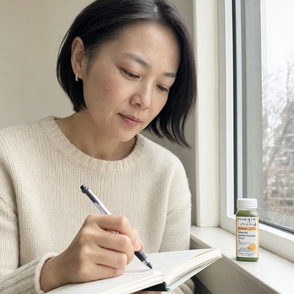 Woman writing by a window with a Magic Mind shot on the sill