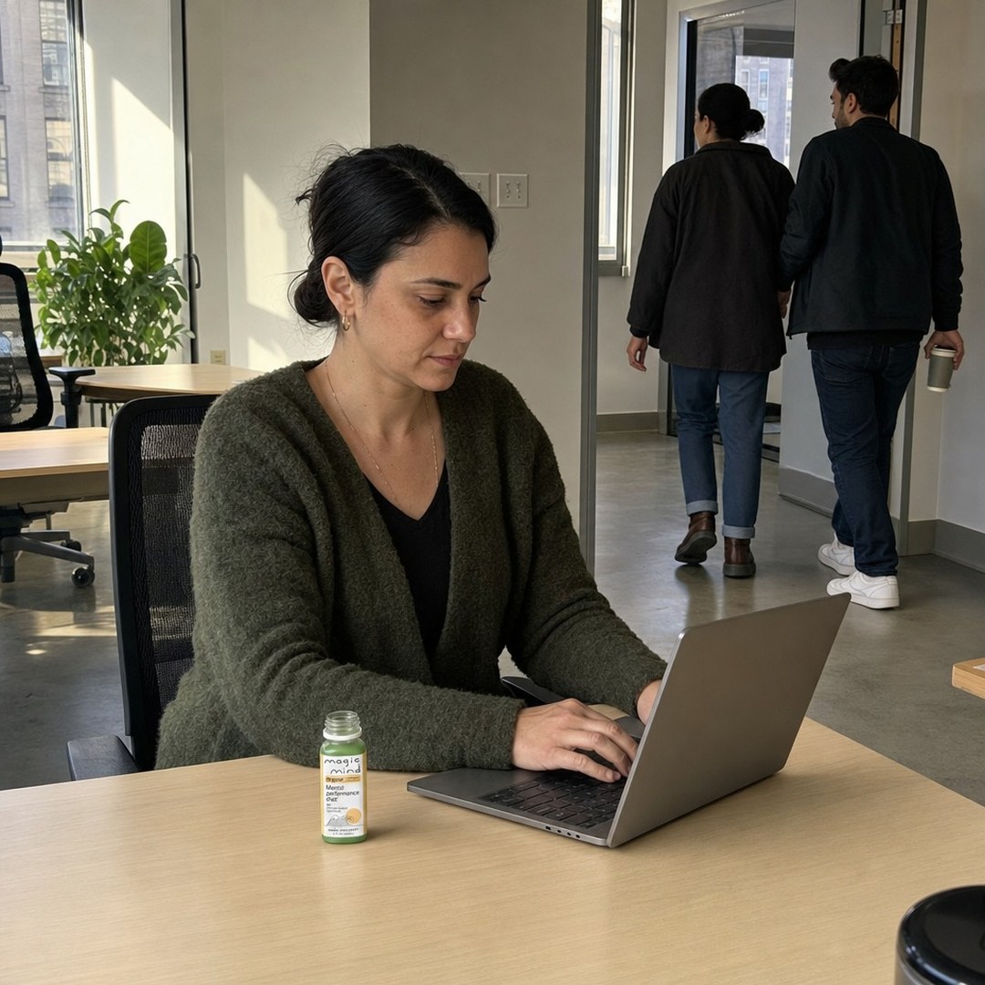 Woman working at her desk with a Magic Mind shot while coworkers head out on the afternoon coffee run