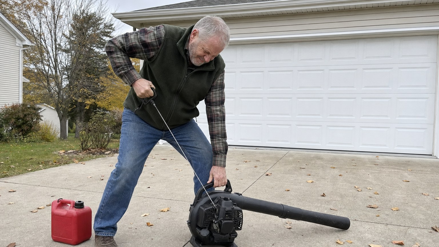 Man in his sixties pulling the starter cord on a gas leaf blower in his driveway