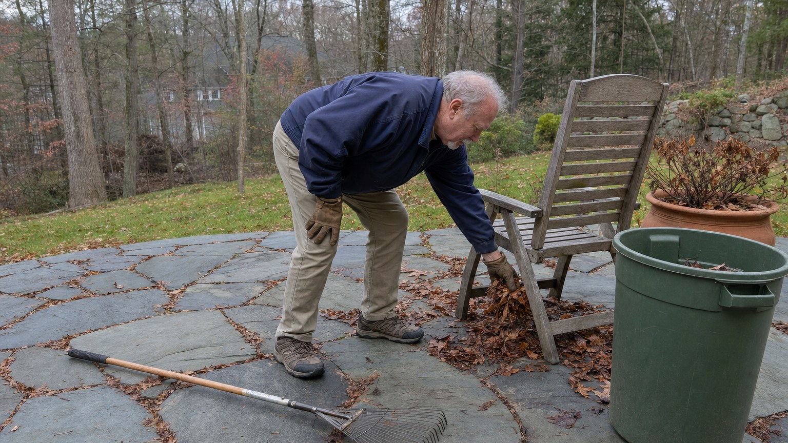 Man in his sixties bent over beside a patio chair, pulling wet leaves out from underneath it
