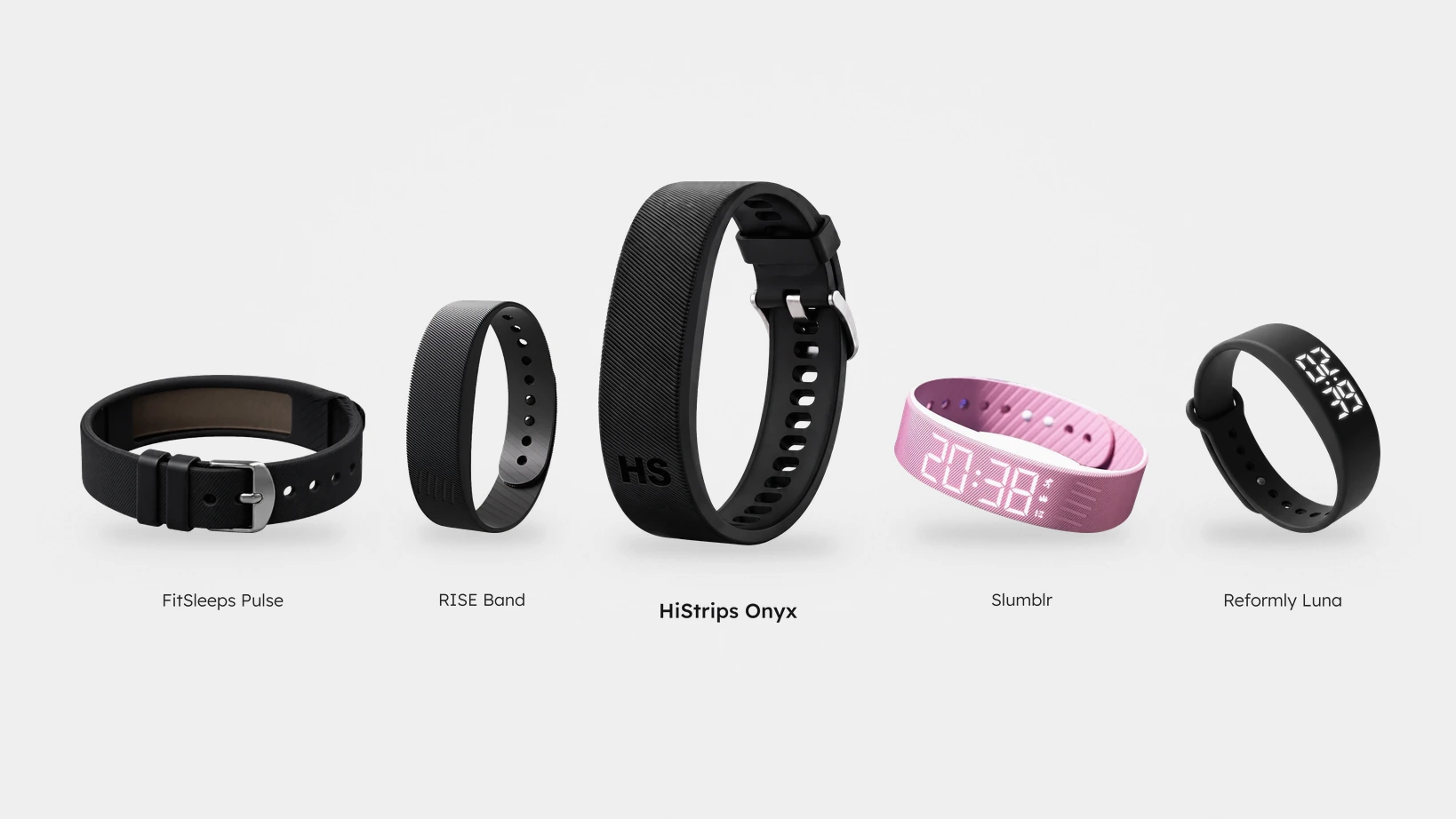 HiStrips Onyx, FitSleeps Pulse, Slumblr, RISE Band and Reformly Luna side by side
