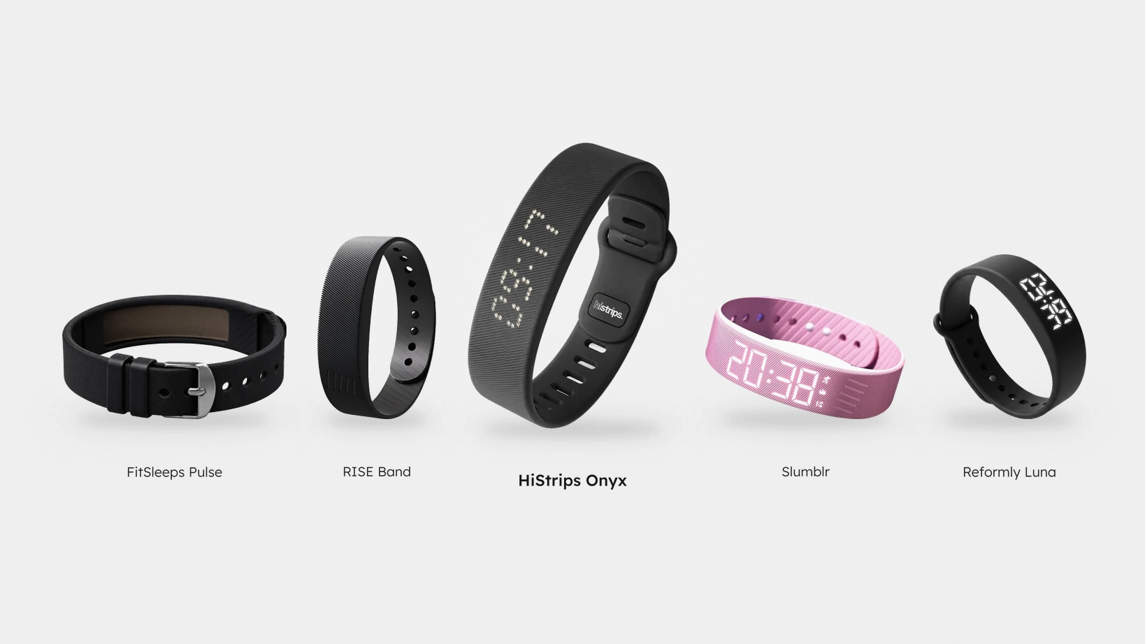 HiStrips Onyx, FitSleeps Pulse, Slumblr, RISE Band and Reformly Luna side by side