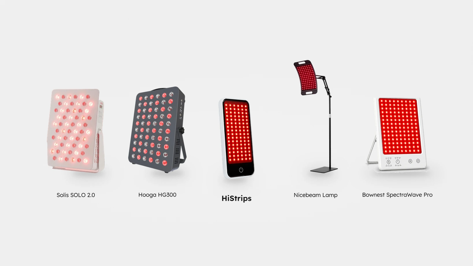 HiStrips, Hooga HG300, Solis SOLO 2.0, Nicebeam lamp and Bownest SpectraWave Pro side by side