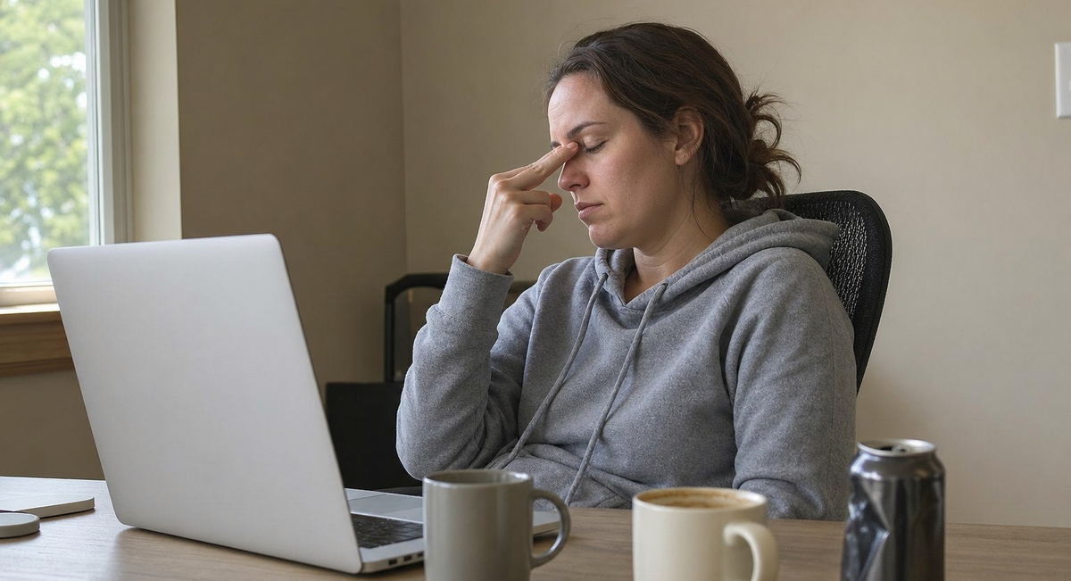 Woman slumped at her desk in the afternoon next to empty coffee mugs
