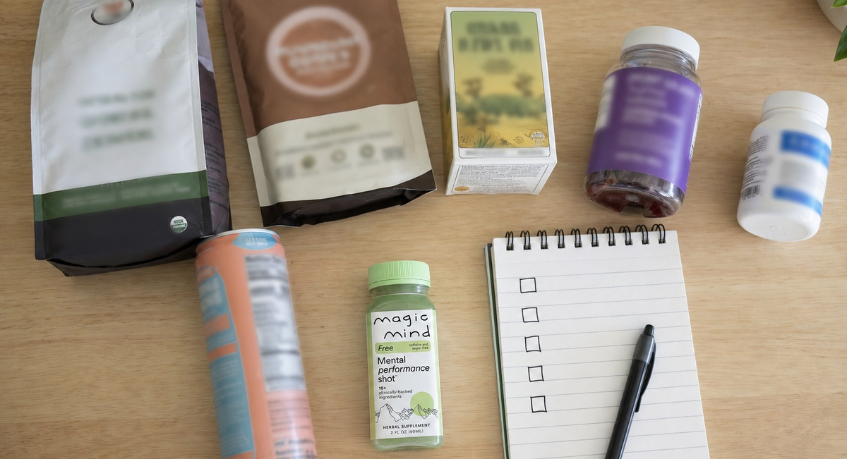 Caffeine-free products and a Magic Mind FREE bottle laid out on a desk