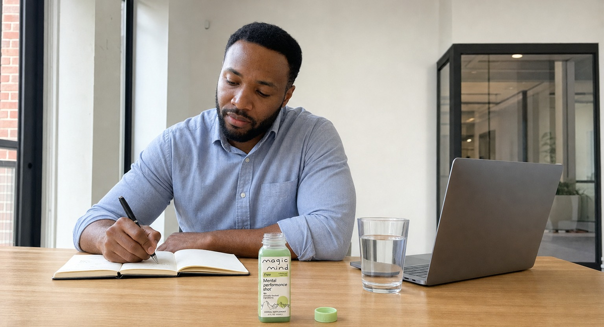 Man writing in a notebook with a Magic Mind FREE bottle on the table