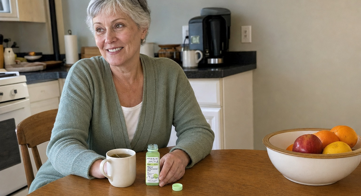 Woman at her kitchen table with an opened Magic Mind FREE bottle and a mug of tea