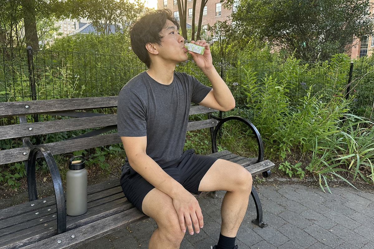 Man drinking a Magic Mind FREE shot on a park bench