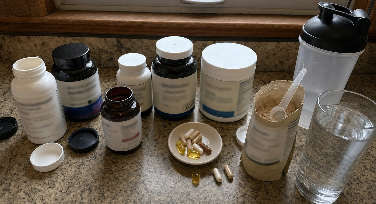 Separate supplement bottles, capsules and mushroom powder on a kitchen counter