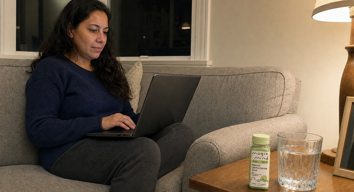 Woman working on her laptop on the sofa in the evening, a Magic Mind FREE bottle on the side table