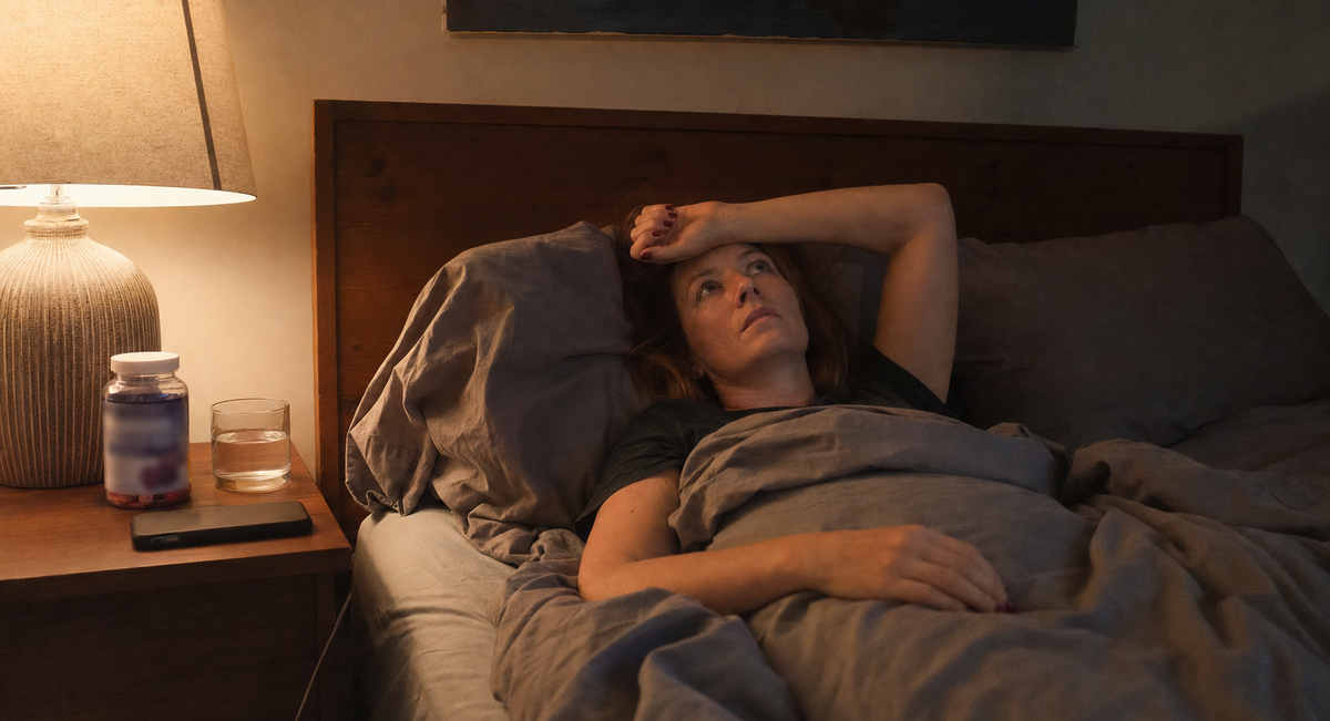 Woman lying awake in bed at night next to a jar of melatonin gummies