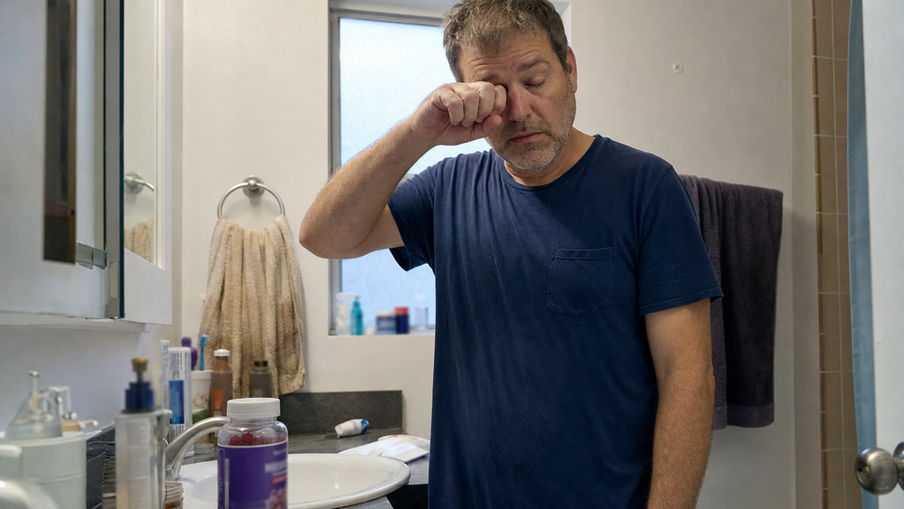 Man rubbing his eyes at the bathroom sink, groggy in the morning