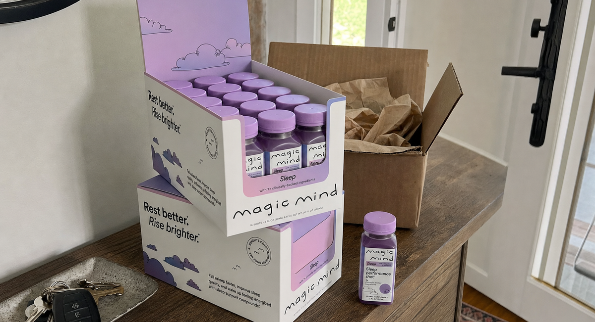 Magic Mind Sleep 30-bottle cases next to an opened delivery box