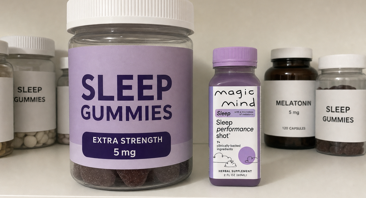A big tub of sleep gummies next to a Magic Mind Sleep bottle