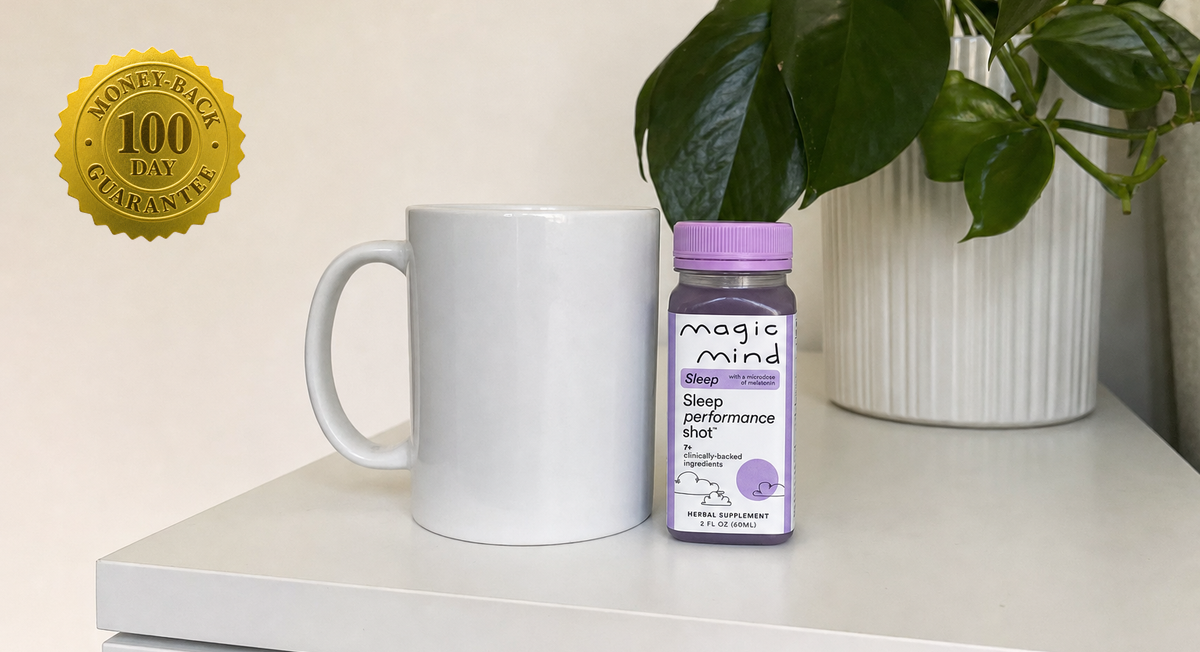 Magic Mind Sleep bottle on a bedside table with a 100-day money-back guarantee seal