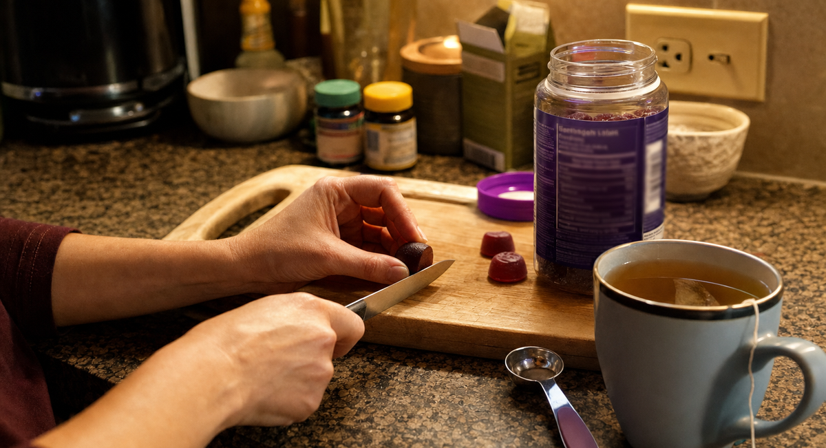 Hands cutting a melatonin gummy in half on a kitchen counter at night