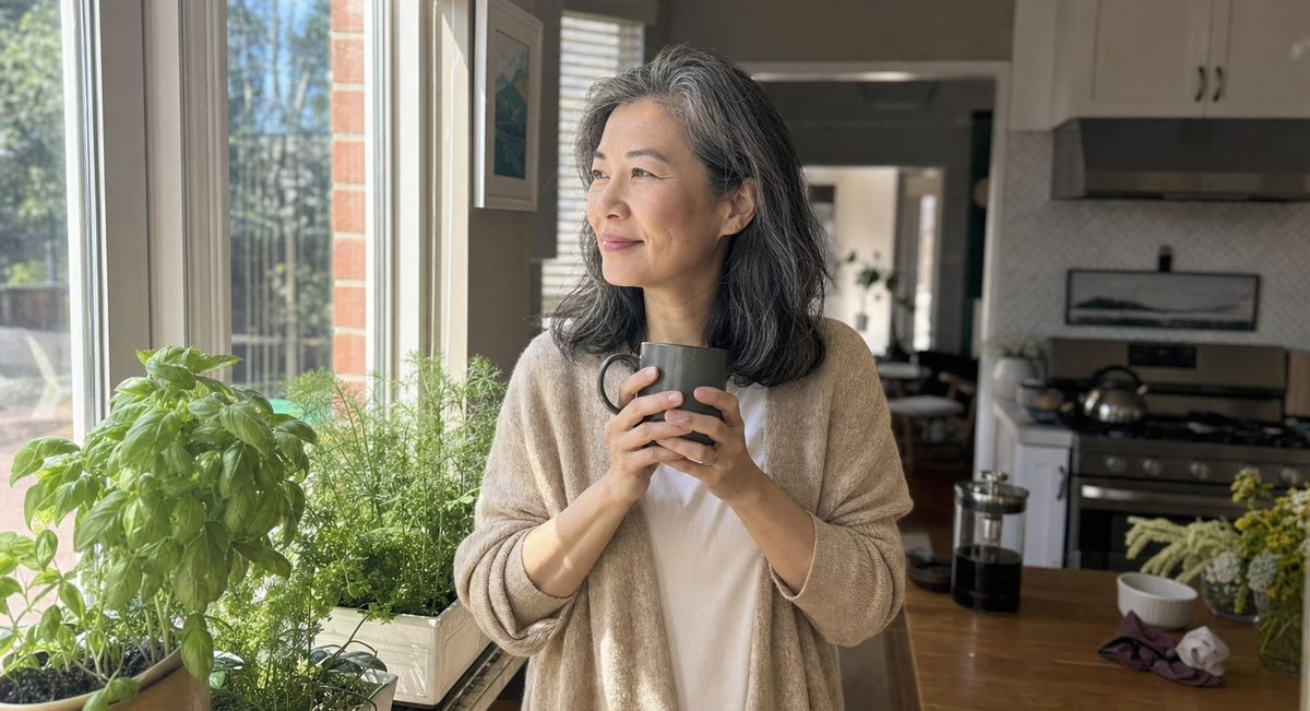 Woman with a cup of coffee at her kitchen window in the morning