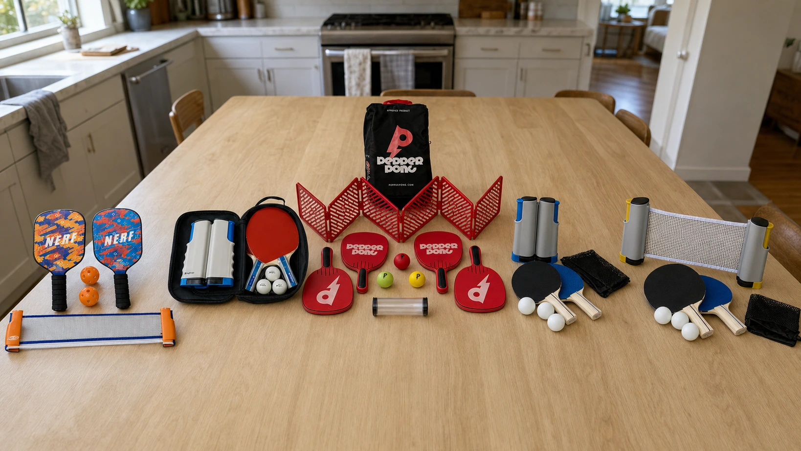 Five tabletop paddle game sets laid out on a kitchen table, Pepper Pong in the middle