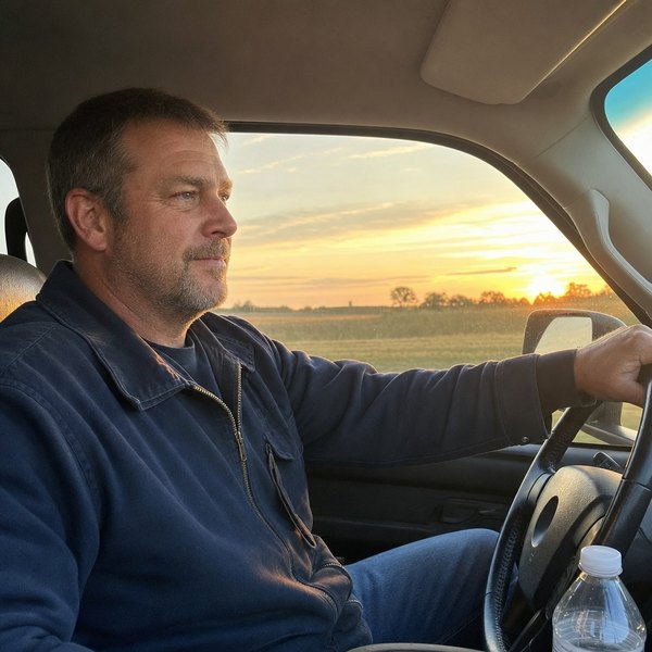 Driving the truck at sunrise with a water bottle in the cup holder