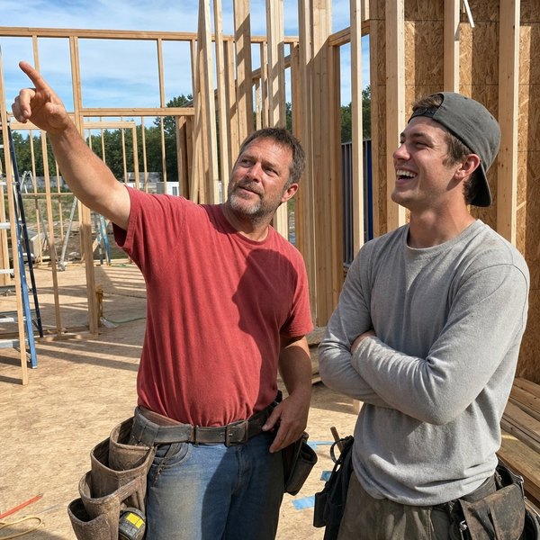 Explaining a framed wall to a young crew member