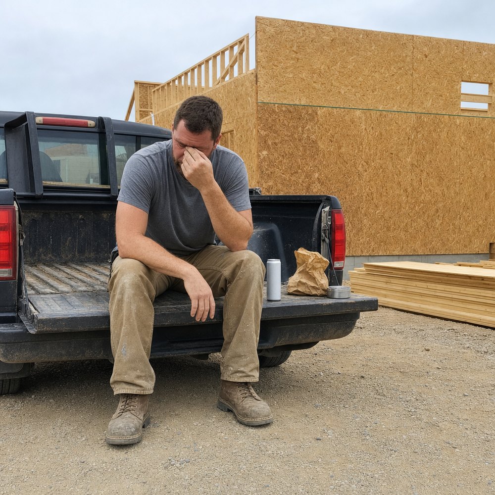 A construction worker sitting on his pickup's tailgate at lunch, rubbing his eyes, with a drink can and a nicotine pouch tin beside him