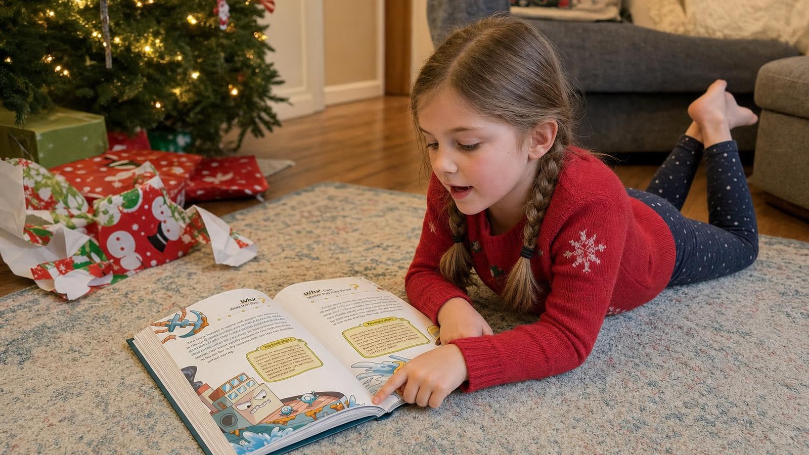 A seven-year-old girl lying on the rug by the Christmas tree, reading the 10,000 Whys open on the floor