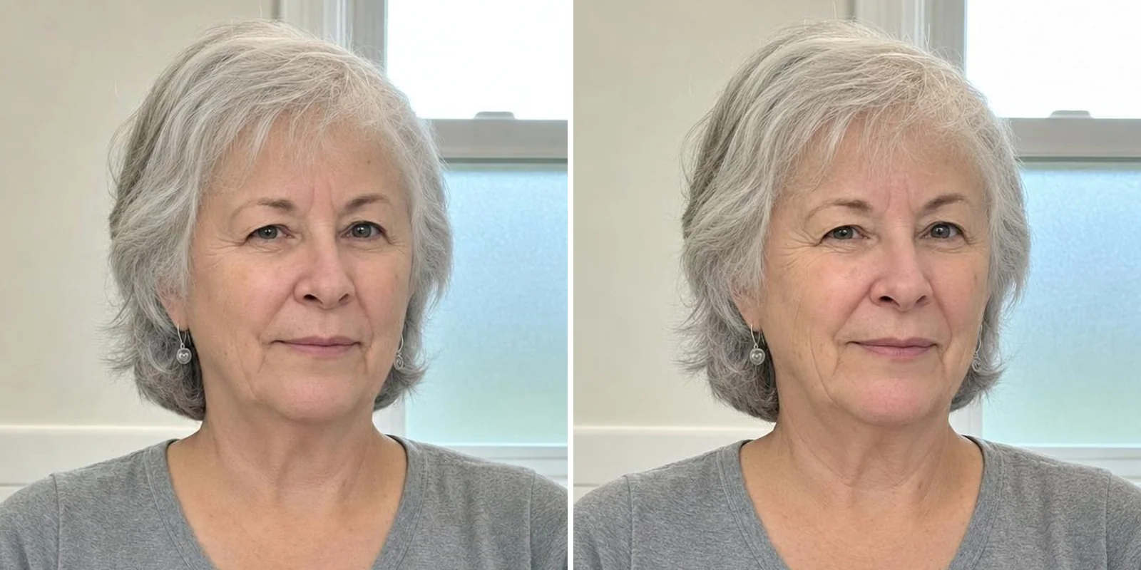 Two bathroom mirror photos of the same woman side by side, on the first day and three months later