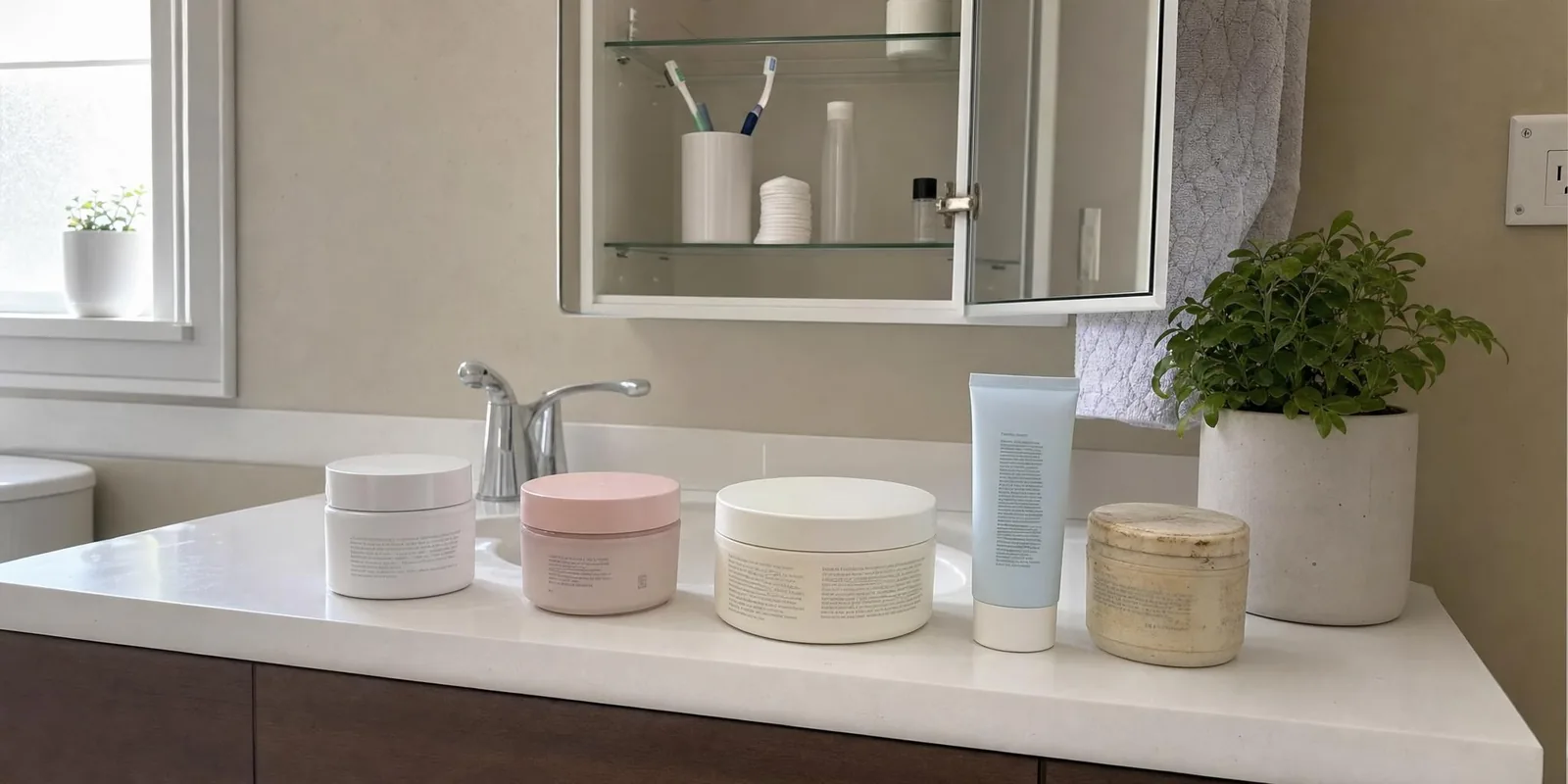 Five half-used face creams lined up on a bathroom counter in front of an open cabinet