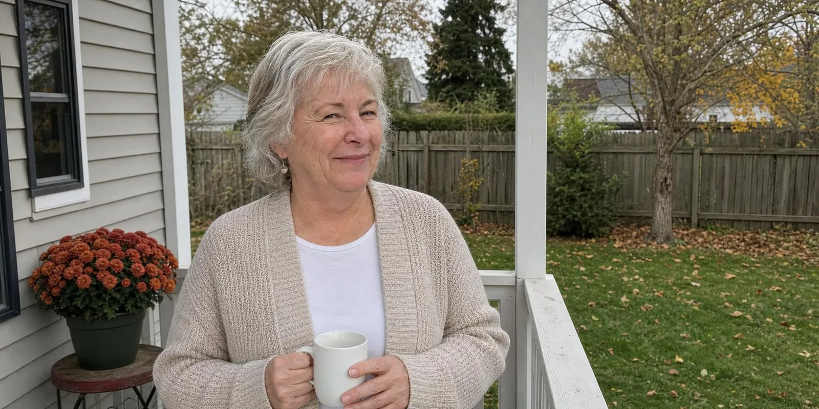 Linda on her back porch in a cardigan, holding a coffee mug and smiling