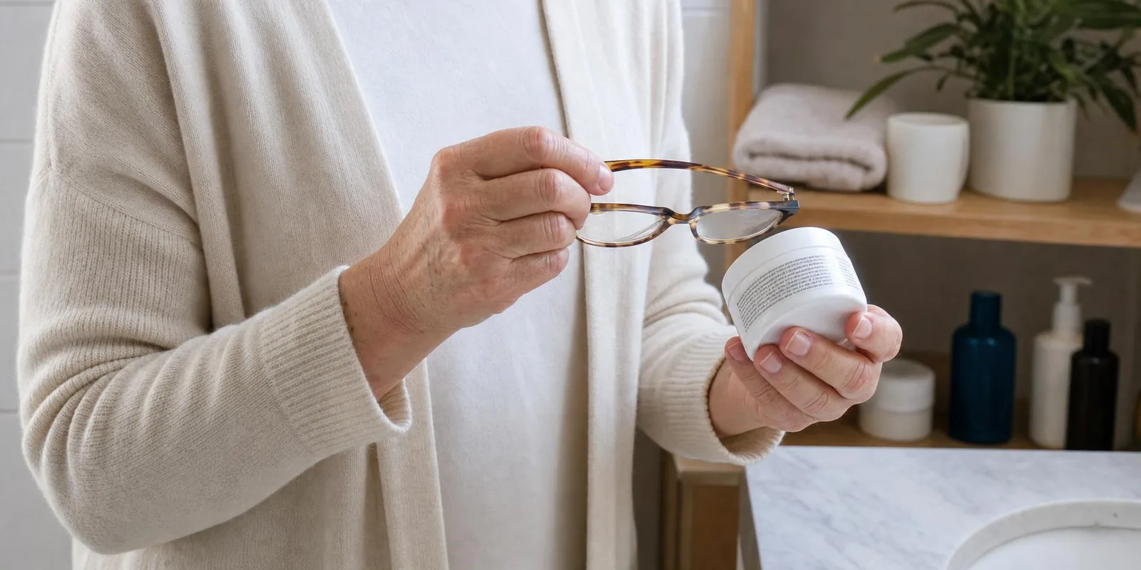 A woman's hands holding reading glasses over the back label of a face cream jar in a bathroom