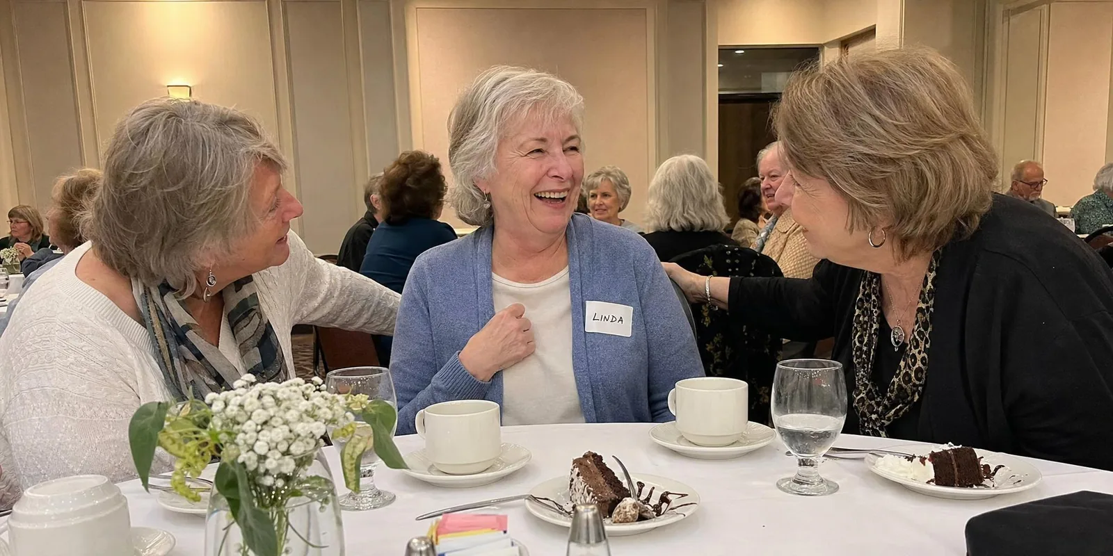 Linda laughing at a reunion banquet table, a name tag on her cardigan, two old classmates leaning toward her