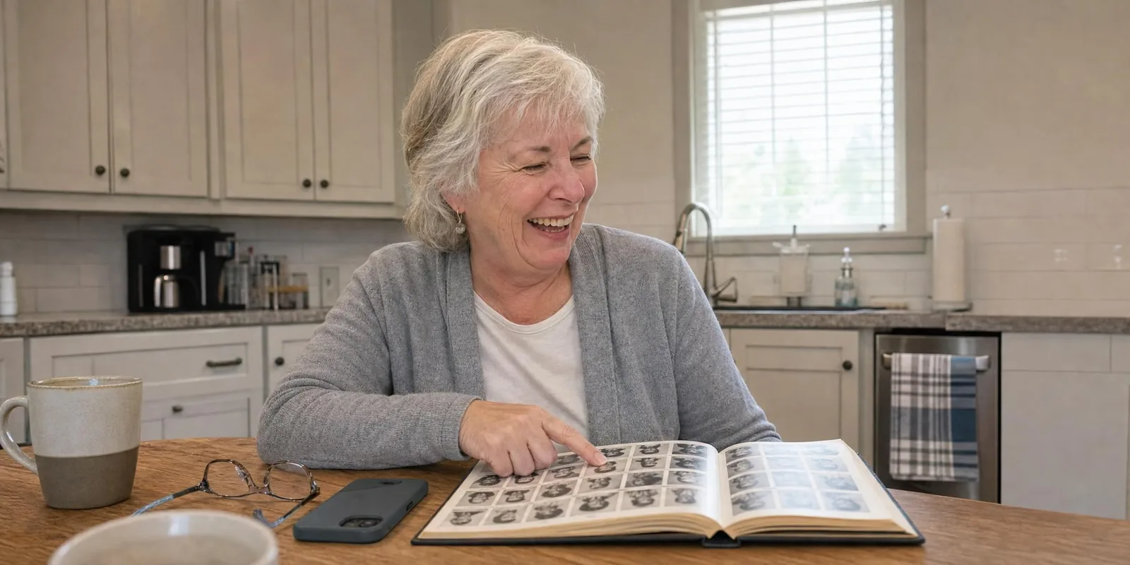 Linda at her kitchen table laughing over her old high school yearbook