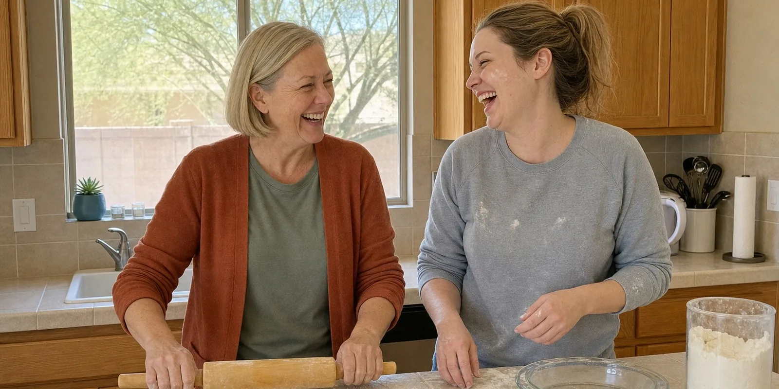 Laughing with her daughter over the pie dough at the kitchen counter