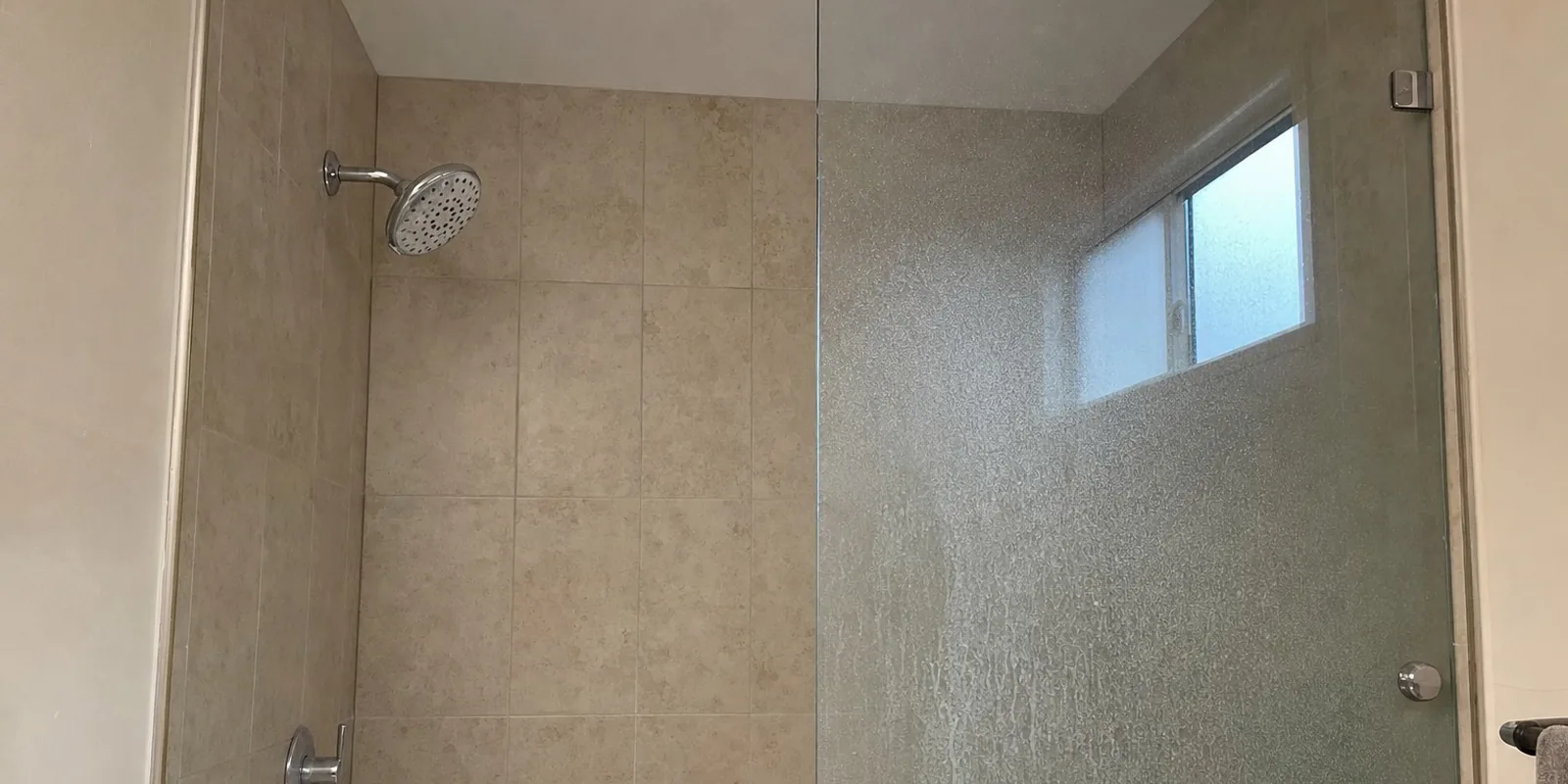 A showerhead and glass shower door crusted with white mineral scale