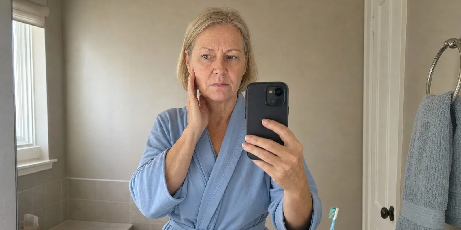Touching her cheek in the bathroom mirror on a weekday morning