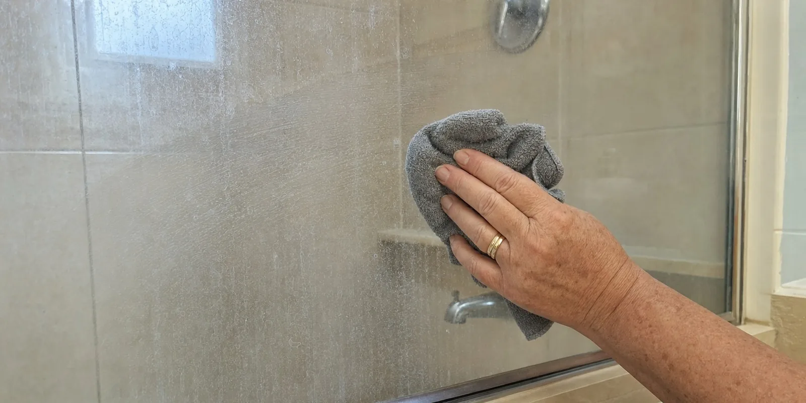 Wiping the white mineral film off the glass shower door