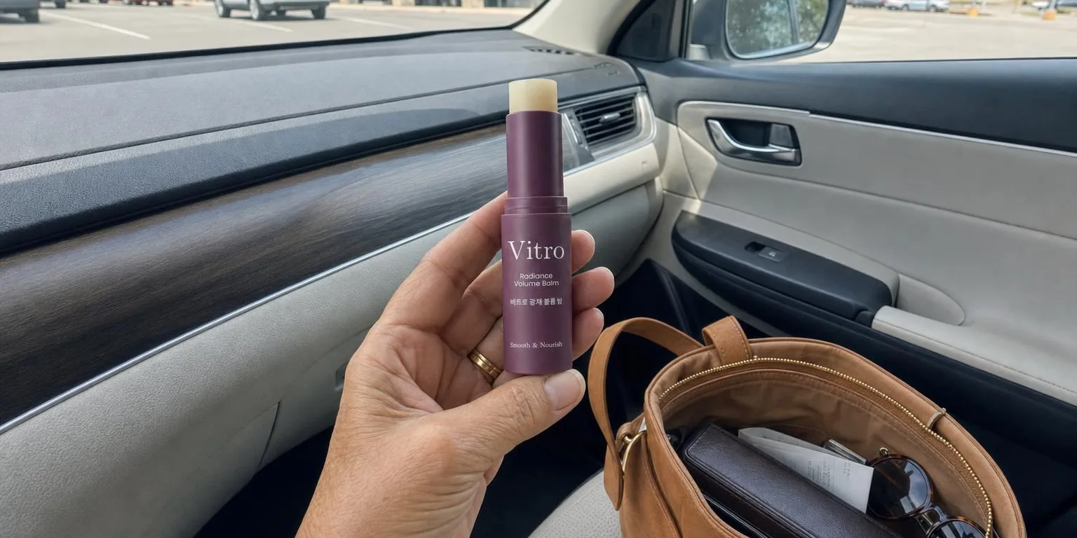A woman's hand holding a small Vitro balm stick in a parked car, her purse open on the passenger seat