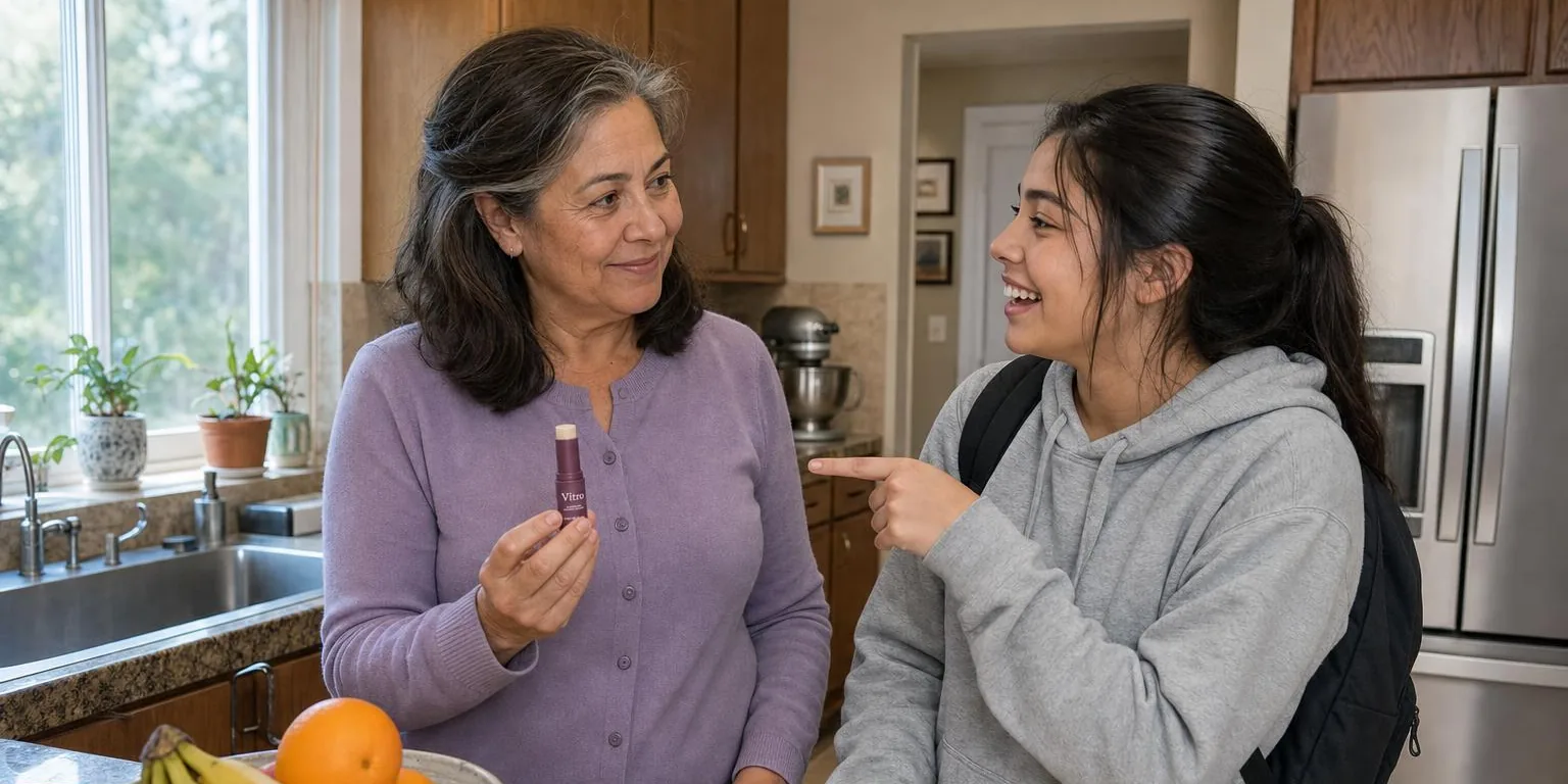 Maria's teenage granddaughter laughing and pointing at the balm stick in her grandmother's hand in the kitchen